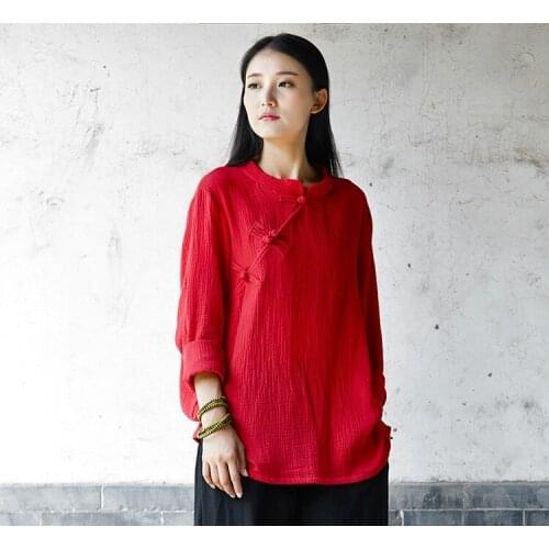 Women Blouse 2016 Chinese Style Vintage New Cotton Linen Blouses Elegant White Sleeve O-Neck Loose Basic Blusa Feminina Ethnic