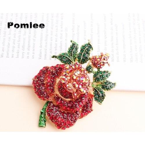 Pomlee Big Size Rose Flower Brooch For Women Wedding Jewelry Pink Crystal Brooches Bijuterias Fashion Women Enamel Hijab Pins