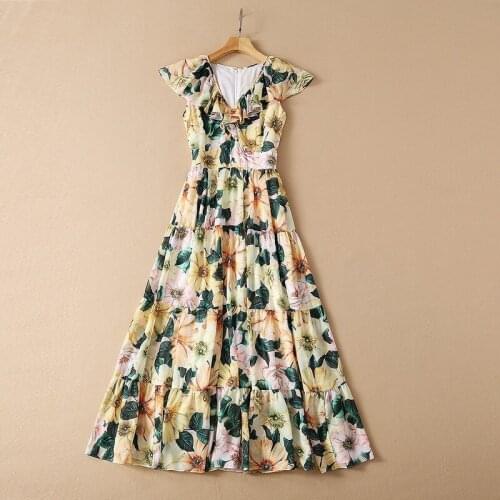 European and American womens clothing spring 2021 new Short sleeved flounce v-neck yellow floral print Fashion dress