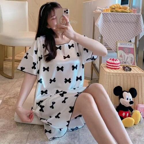 Summer Ice Silk Thin Nightdress Ladies Short-sleeved Mid-length Cute Large Size Ins Home Service