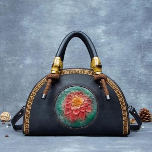 Vintage 2021 Summer Genuine Leather Women Bag Nature Cowhide Floral Handbag Handmade Embossed Versatile Shoulder Bags Sac A Main