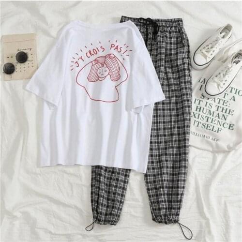 Fashion Two-piece Suit Female Summer 2020 New Korean Version of Foreign T-shirt Wild Lattice Harlan Pants Trend