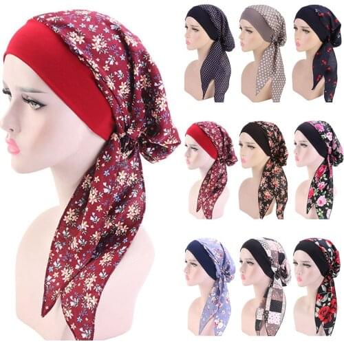 Women Muslim Turban Hijab Cancer Head Scarf Adjustable Chemo Hair Loss Hat Pre-Tied Headwear Printed Pirate Cap Bandana