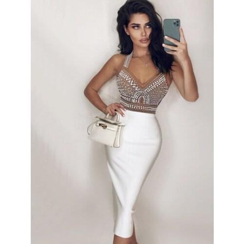 Free Shipping Wholesale Womens Dress Black White Spaghetti Strap Beaded V-Neck Sexy Celebrity Cocktail Party Bandage Dress