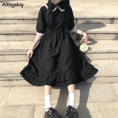Oversize Dress Women Lace Cute Summer Simple Solid Leisure Korean Style Sweet Ladies Fashion All-match Preppy Comfortable Loose