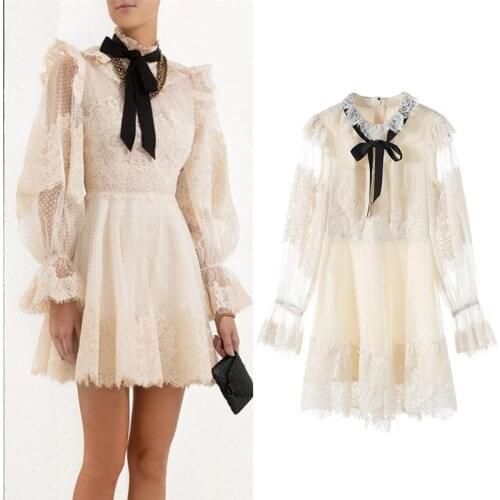 Version of its New apricot white gauze lantern sleeve semi permeable G0841 stitching bud silk chiffon dress