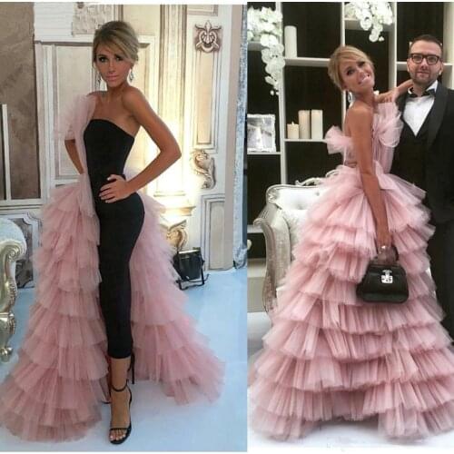 Pink Black Formal Celebrity Dresses Ball Gown Strapless Tulle Tiered Sexy Long Evening Dresses Famous Red Carpet Dresses