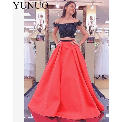 Elegant Prom Black Beaded 2 Pieces Long Red Satin with Straps Custom Made Two Pieces Vestido de noite