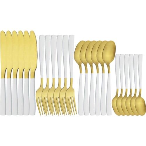 6 People Stainless Steel Cutlery Set White Gold Dinnerware Knives Fork Coffee Spoon Dinner Silverware Home Kitchen Tableware Set