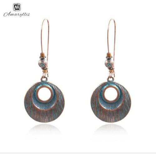 Amaiyllis Ethnic Tibetain Filigree Earrings For Women New Round Pendant Gypsy Dangle Earrings Vintage Copper Long Drop Earrings