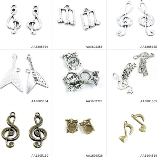 Antique Bronze Silver Plated Jewelry Making Charms Music Musical Note Drum Set Electric Guitar