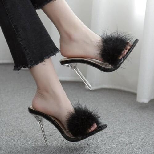 DM110 Woman shoes Transparent Crystal High heels Woman Feather Fur Slippers Pumps Women Peep toe Mules Lady cute plush Slippers