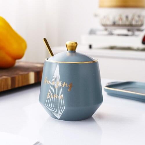 Ceramic seasoning pot, spoon and lid integrated set, high seasoning storage box, household kitchen moisture-proof sealed pot