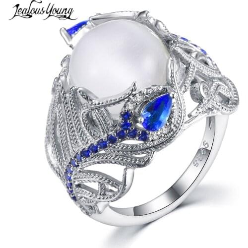Luxury Big Simulatted Pearl Wedding Rings for Women with Blue Zirconian Female Engagement Ring Jewelry Accessories Gift