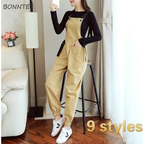Jumpsuits Women Pockets Solid Lovely 2021 Simple Retro Baggy All-match Popular College Lady Trouser Korean Style Spring Straight