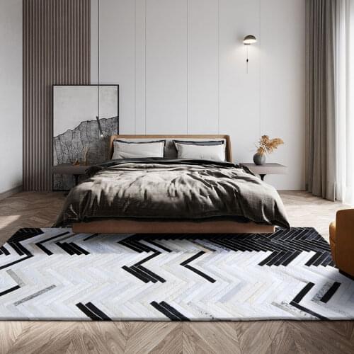 American style cowhide patchwork carpet , big size genuine cow leather black and white striped decorative bedside rug