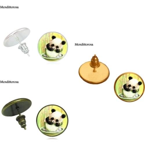 Mendittorosa Giant Panda Bear New Arrival Bronze/Silver/Golden Clip Ear Hook Stud Earrings Glass Cabochon Jewellery For Women