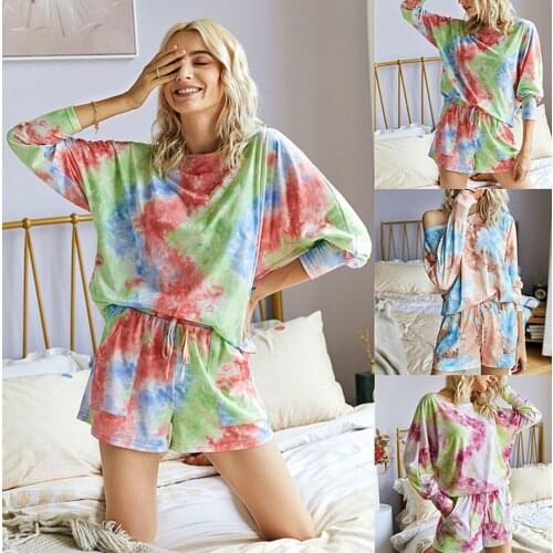 Fashion Printed Casual Top Shorts Two-Piece Tie Dye Suit Ladies Clothes Loose Summer