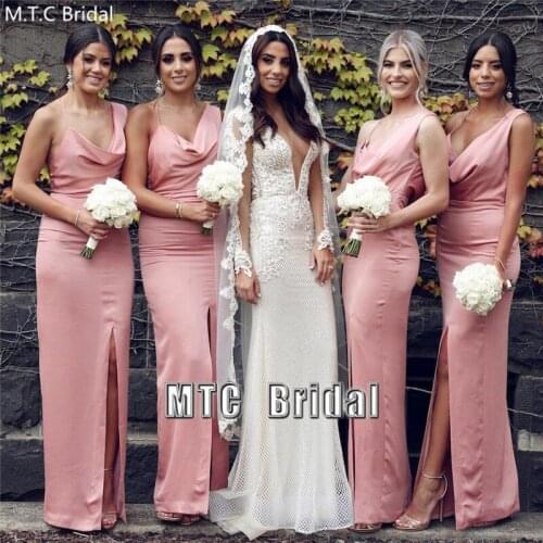 New Bridesmaid Dresses Long Straight Sexy Best Women Gown With Slit Dusty Pink Maid Of Honor Wedding Party Dress Wholesale