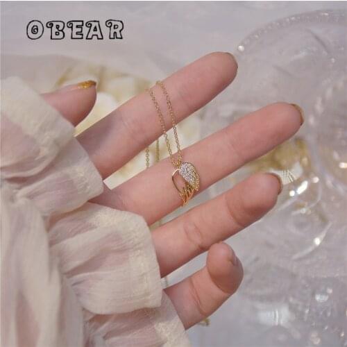 OBEAR 14k Real Gold Plating European Exquisite Wings Crystal Pendant Necklace Women Temperament Elegant All-Match Jewelry