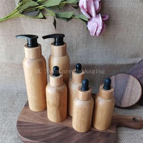Luxury skincare Cosmetic packaging Empty 120ml Serum wooden face cream Bamboo Shampoo Bottle Lotion Pump with Bamboo