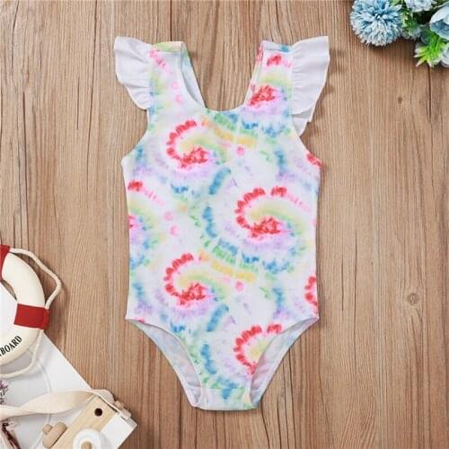 2021 Little Girls One-piece Swimsuit Summer Children Cute Flamingo/Tie-dye Printing Fly Sleeve Swimwear for Vacation Beachwear