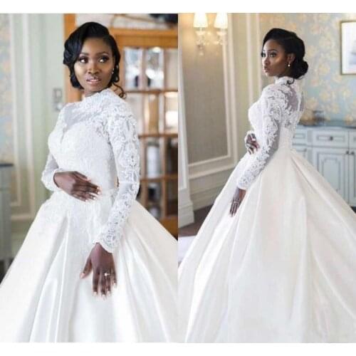African Long Sleeve High Neck Muslim Wedding Dresses 2022 Plus Size Lace Appliques Satin A Line Wedding Pearls Bridal Gowns