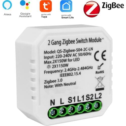 Tuya Smart Zigbee Switch Module With Neutral EU 220V 2 Way Wireless Light Switch Relay Zibee2MQTT Home Assistant