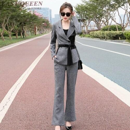 Elegant Woman Pants And Blouse Set Autumn Winter 2019 New Arrival Belt Patchwork Asymmetric Sexy Business Suits For Women DD2289
