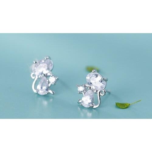 MloveAcc Cat Silver Stud Earrings Sterling Silver 925 Clear CZ Cute Animal Ohrringe Hypoallergenic Female Gift Brincos