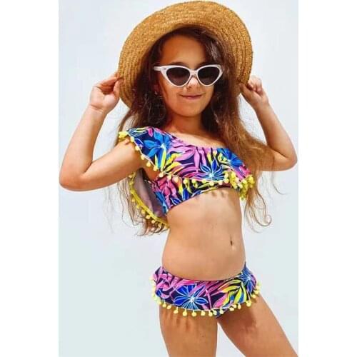 6-12 Years Girl Swimsuit Kids Pom Pom Ruffle Girl Bikini Set 2022 One Shoulder Girls Bathing Suit Two Piece Childrens Swimwear
