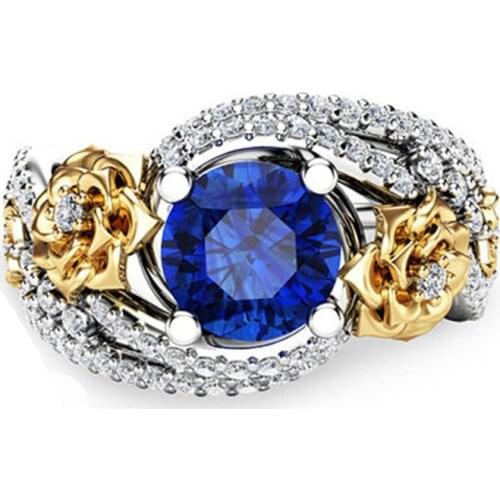 Classic Silver Color Engraving Golden Flower Floral Inlaid Blue Crystal Zircon Rhinestone Female Ring for Women Party Jewelry