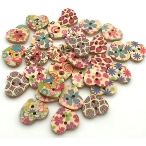50PCS/Lot 18X15mm Mixed Heart-Shaped Flower Pattern 2-Holes Wooden Buttons For Sewing Clothing Scrapbooking Crafts Home Decor