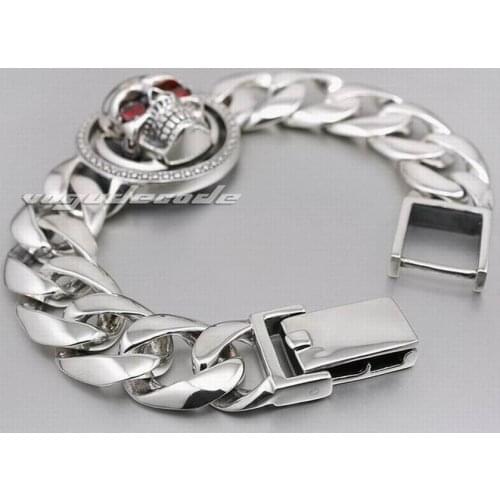 9 Lengths 925 Sterling Silver Huge Rotatable Red CZ Stone Eyes Skull Men Biker Bracelet 8F010