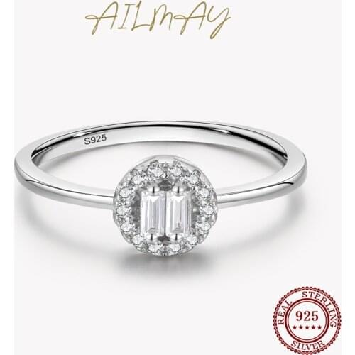 Ailmay Top Quality Real 925 Sterling Silver Clear Zircon Fashion Round Finger Ring For Women Classic Wedding Statement Jewelry