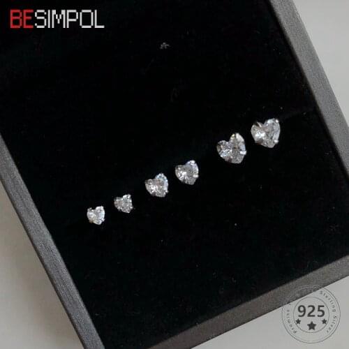 Besimpol 0.3cm/0.4cm/0.5cm Zircon Heart Earrings Elegant 925 Sterling Silver Earrings For Women Fashion Minimalist Fine Jewelry