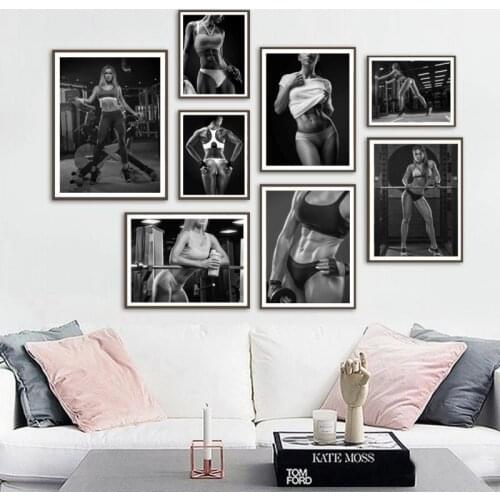 Black and White Bodybuilding Female Fitness Poster Wall Art Canvas Painting Modern Home Decoration Living Room Gym Wall Picture