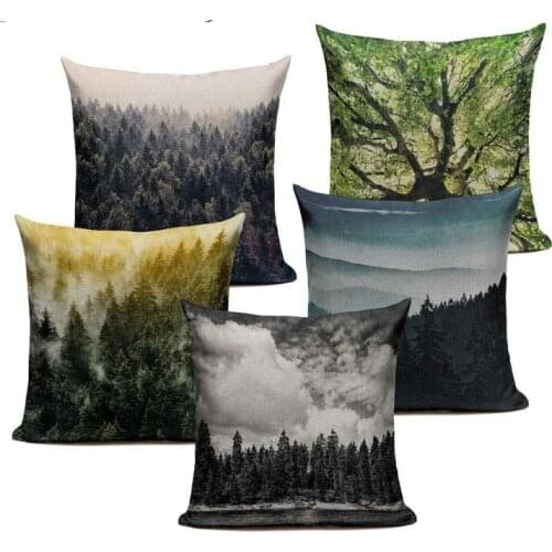 Tree Wood Mountain Clouds Winter Moonlight Cushion Cover Linen Cotton Pillow Case Square Sofa decor Home textile product Custom