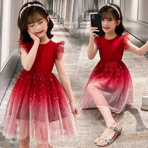 ChildrenS Dance Dress Girls' Summer New Clothing Performance Clothes Big Kids Starry Sky Mesh Princess Dress For Teenagers 4-13