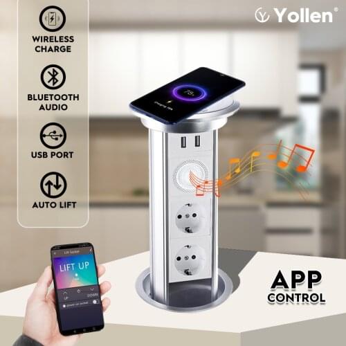 EUR Socket Table Auto lift Electric USB Smart Home TUYA APP Remote Control Bluetooth Audio Desk Wireless Charge Kitchen cabinet