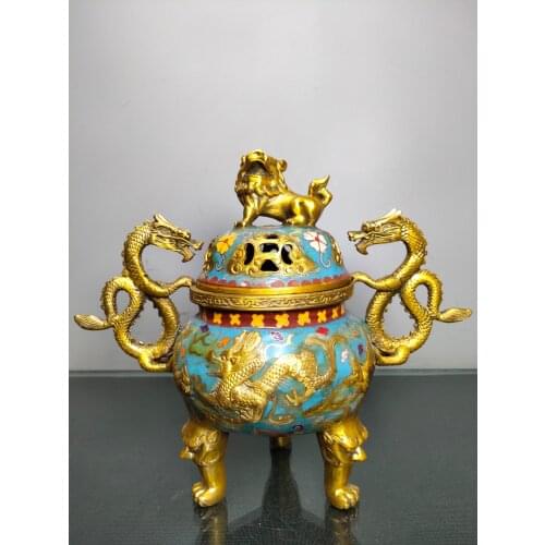 9"Chinese temple collection Old Bronze Cloisonne Enamel Lion statue Animal head Wishful Three-legged incense burner Ornaments