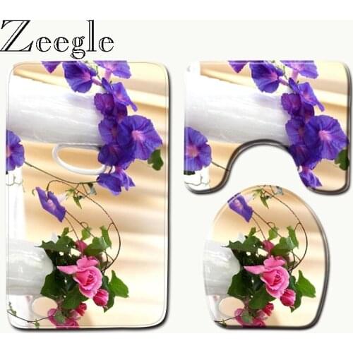 Zeegle Bathroom Carpet Flower Pattern Anti Slip Bathroom Mat Set Coral Fleece Floor Bath Mats Washable Bathroom Toilet Rugs