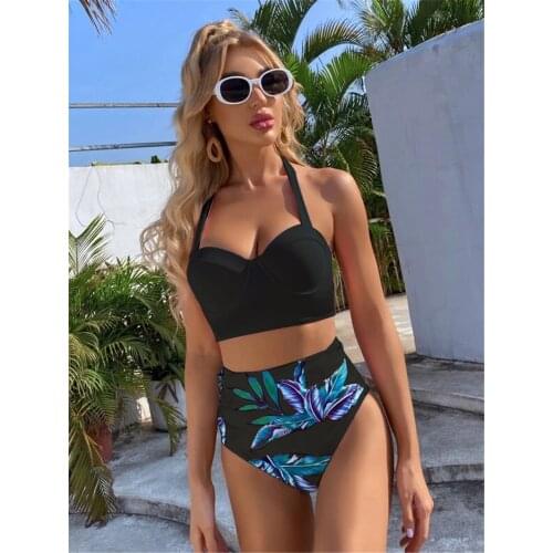 Boho High Waist Padded Swimwear Women Push Up Bikinis Set Summer Leaves Printed Halter Swimming Suit Female Brazilian Biquini
