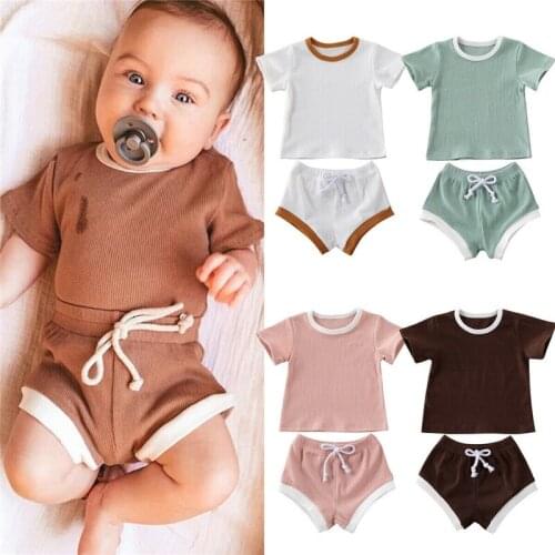 0-36 Months Baby Summer Outfits Infant Baby Girls Clothes Set Short Sleeve Tops T-Shirt Shorts Pants Ribbed Baby Boys Solid Set
