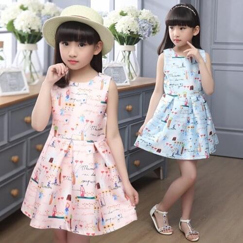 Hot Cartoon Castle Summer Sleeveless Girls Print Dress Knee Length Princess A-Line Dress Clothes For Kids 6 to 14years Old Kids