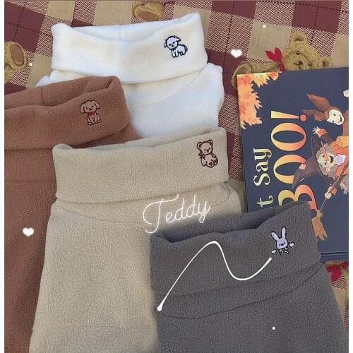 Cute Animals Patterns Sweet Womens Autumn Winter Turtleneck T-shirt Long Sleeve Fleece Cashmere Inner-shirt Tshirt Tops