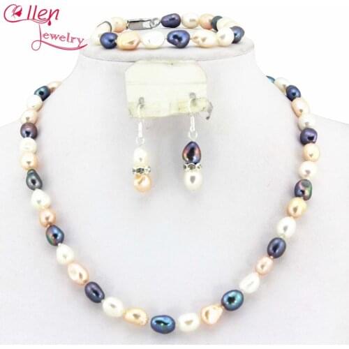 Multicolor 8-9mm Nature Freshwater Pearl Beads Jewelry Set Fashion Party Wedding Bridal Jewelry Set W7698
