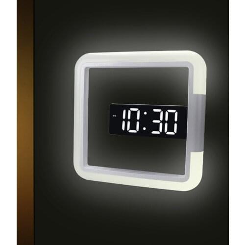 RGB Sqaure Mirror Wall Clock Hollow LED Clock Wall Mounted Clock Digital Alarm Clock Snooze Temperature Detection