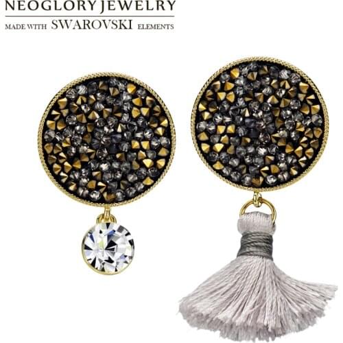 Neoglory Rhinestone & Tassels Dangle Earrings Round Stone Geometric Style Office Lady Shining Daily Party Gift Women Classic