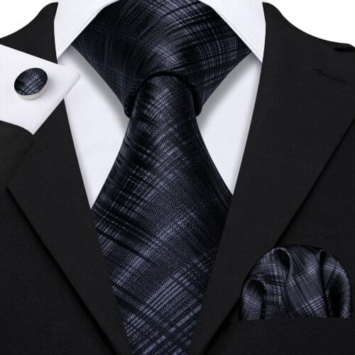 New Black White Plaid Tie Set Fashion 100% Silk Necktie Handkerchief Cufflinks Cravat For Men Wedding Business Party Barry.Wang